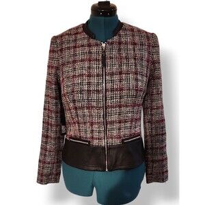 VEX Collection Women’s Blazer Size 36 Tweed Jacket Zipper Pockets Vegan Leather